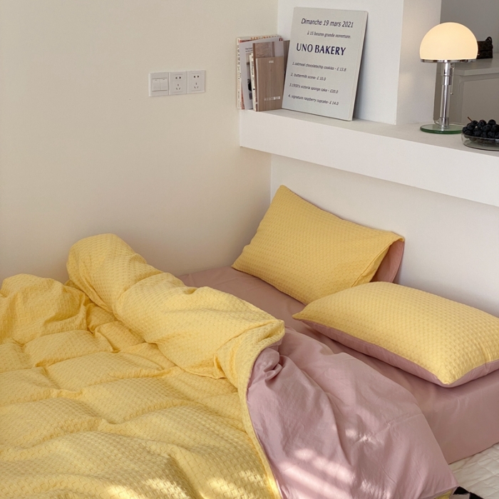 91家纺网 家纺一手货源 找家纺 梦享生活 2021新款华夫格水洗棉四件套 黄色