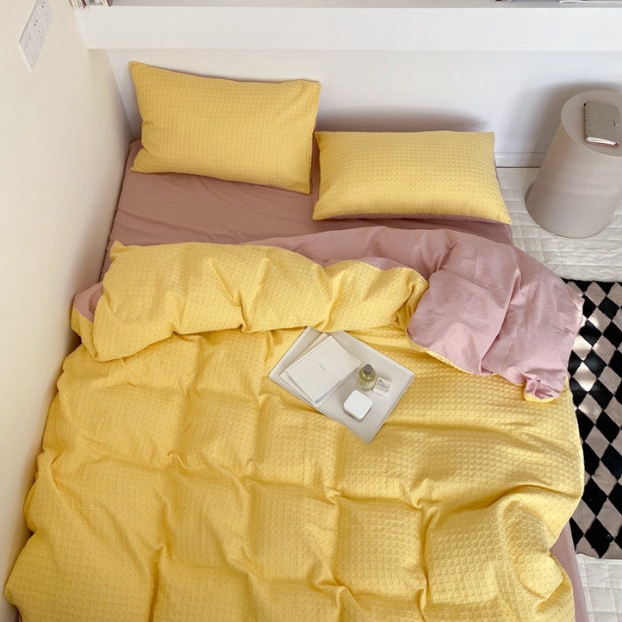 91家纺网 家纺一手货源 找家纺 梦享生活 2021新款华夫格水洗棉四件套 黄色