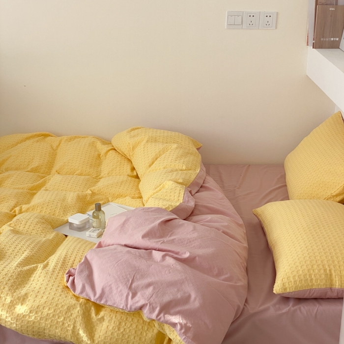 91家纺网 家纺一手货源 找家纺 梦享生活 2021新款华夫格水洗棉四件套 黄色