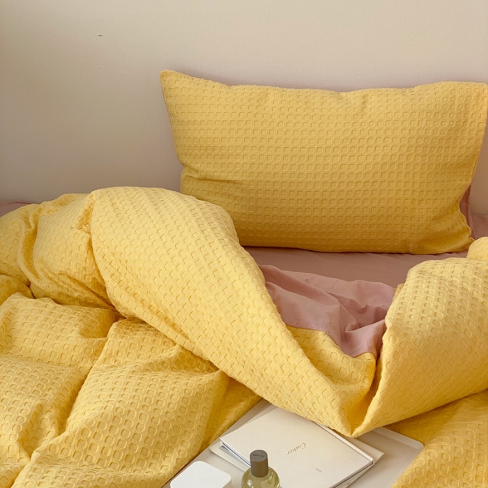 91家纺网 家纺一手货源 找家纺 梦享生活 2021新款华夫格水洗棉四件套 黄色