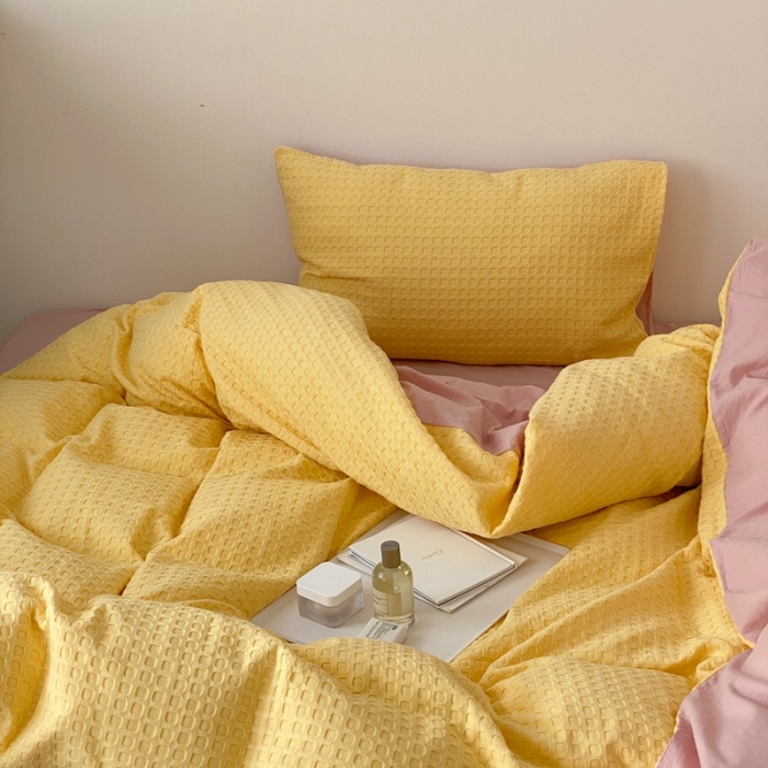 91家纺网 家纺一手货源 找家纺 梦享生活 2021新款华夫格水洗棉四件套 黄色