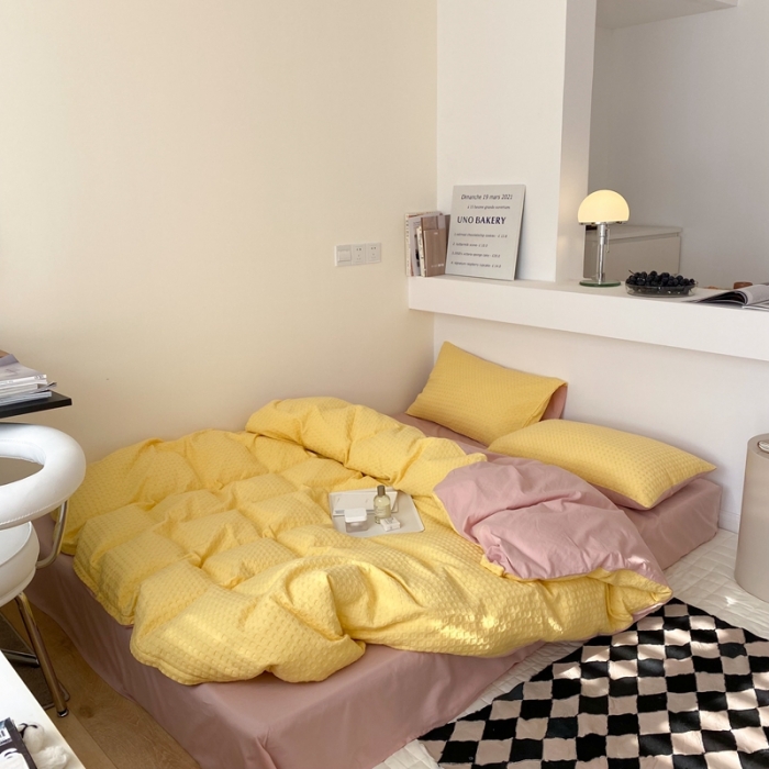 91家纺网 家纺一手货源 找家纺 梦享生活 2021新款华夫格水洗棉四件套 黄色