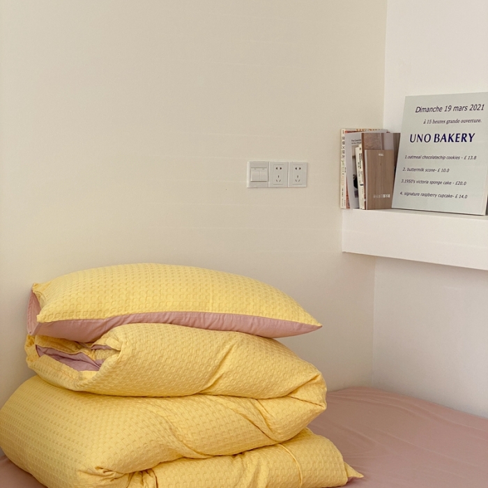 91家纺网 家纺一手货源 找家纺 梦享生活 2021新款华夫格水洗棉四件套 黄色