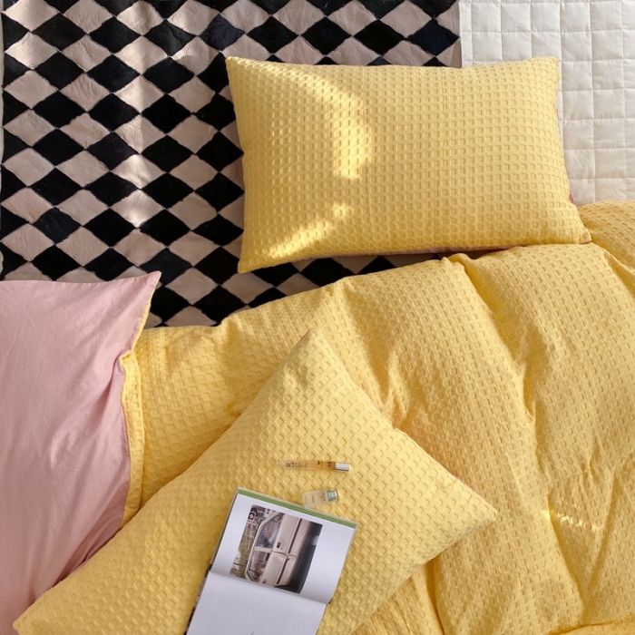 91家纺网 家纺一手货源 找家纺 梦享生活 2021新款华夫格水洗棉四件套 黄色