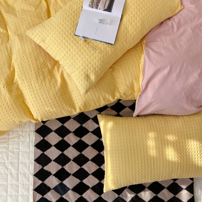 91家纺网 家纺一手货源 找家纺 梦享生活 2021新款华夫格水洗棉四件套 黄色