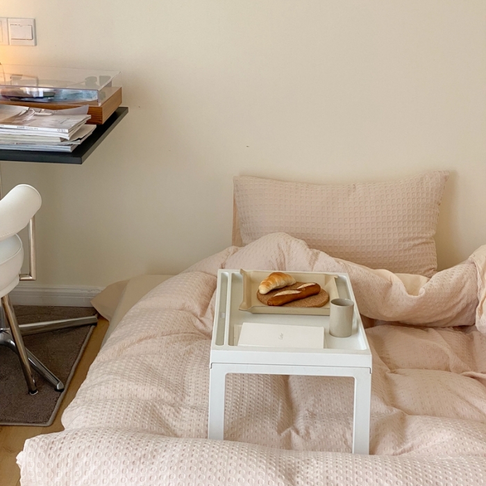 91家纺网 家纺一手货源 找家纺 梦享生活 2021新款华夫格水洗棉四件套 卡其