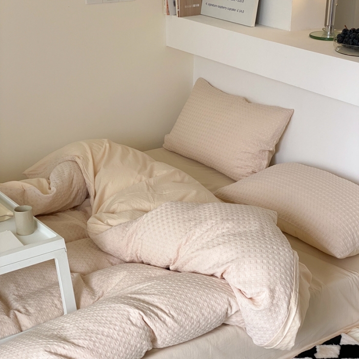 91家纺网 家纺一手货源 找家纺 梦享生活 2021新款华夫格水洗棉四件套 卡其