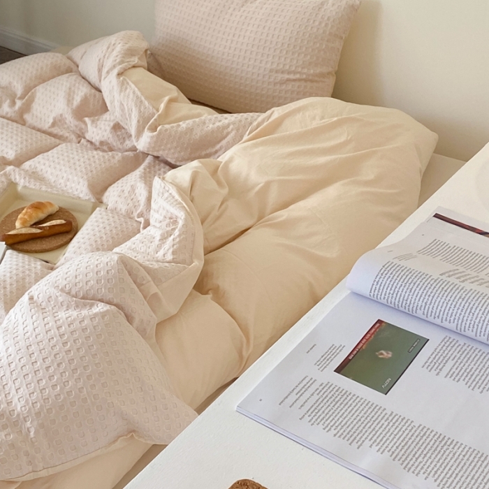 91家纺网 家纺一手货源 找家纺 梦享生活 2021新款华夫格水洗棉四件套 卡其