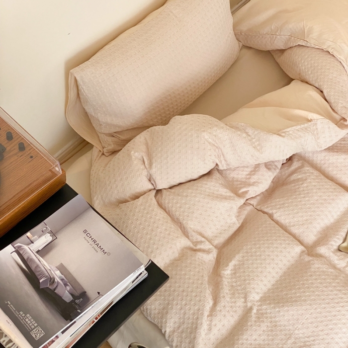 91家纺网 家纺一手货源 找家纺 梦享生活 2021新款华夫格水洗棉四件套 卡其