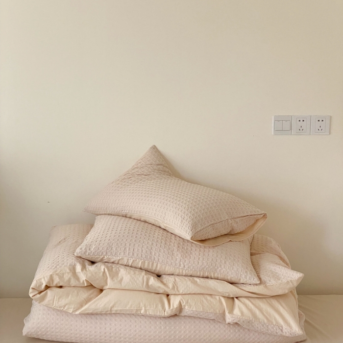 91家纺网 家纺一手货源 找家纺 梦享生活 2021新款华夫格水洗棉四件套 卡其