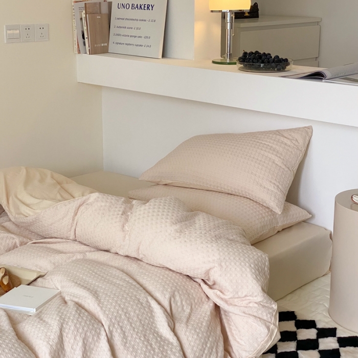 91家纺网 家纺一手货源 找家纺 梦享生活 2021新款华夫格水洗棉四件套 卡其