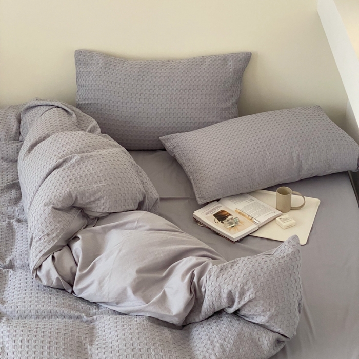 91家纺网 家纺一手货源 找家纺 梦享生活 2021新款华夫格水洗棉四件套 浅灰
