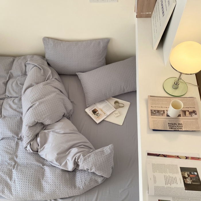 91家纺网 家纺一手货源 找家纺 梦享生活 2021新款华夫格水洗棉四件套 浅灰