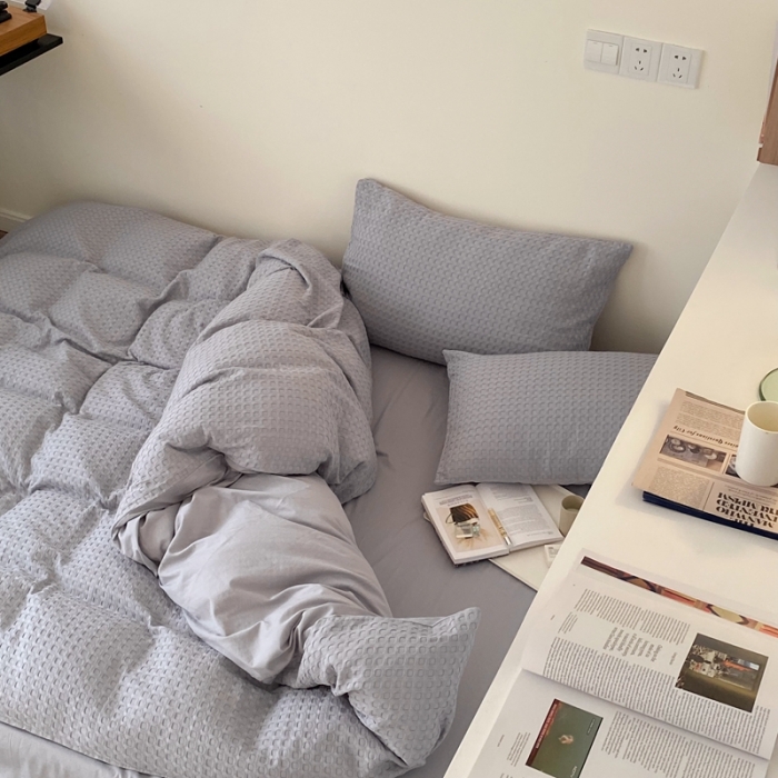 91家纺网 家纺一手货源 找家纺 梦享生活 2021新款华夫格水洗棉四件套 浅灰