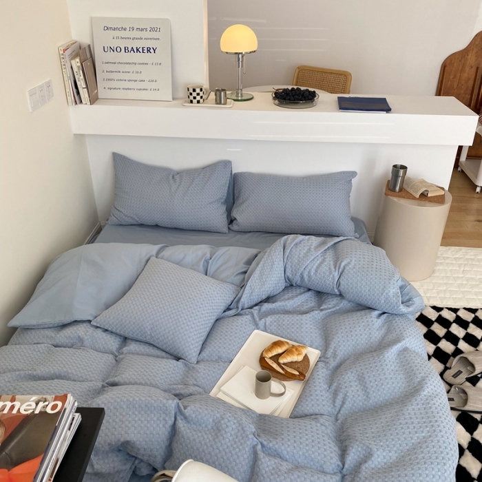 91家纺网 家纺一手货源 找家纺 梦享生活 2021新款华夫格水洗棉四件套 天蓝