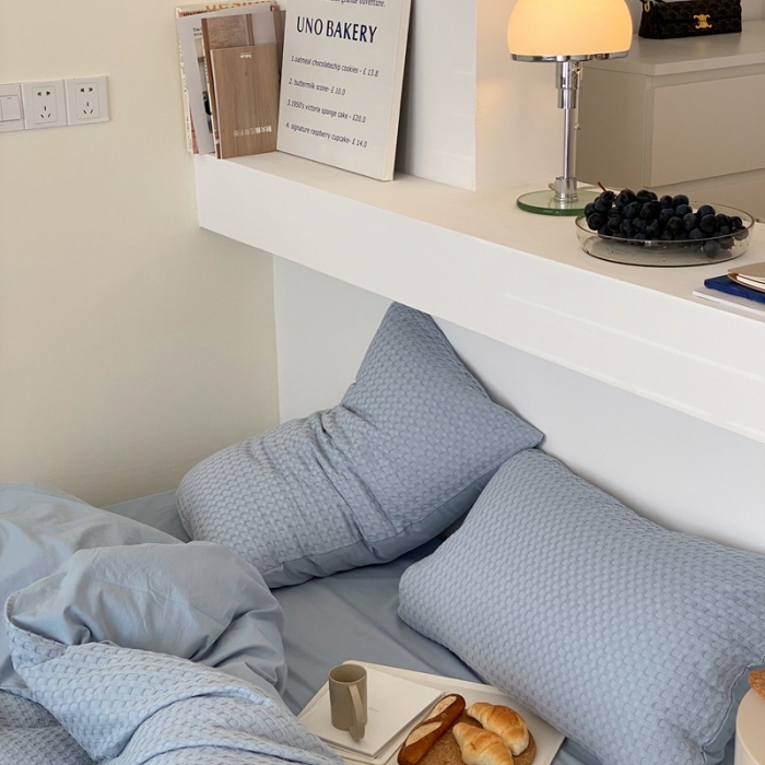 91家纺网 家纺一手货源 找家纺 梦享生活 2021新款华夫格水洗棉四件套 天蓝