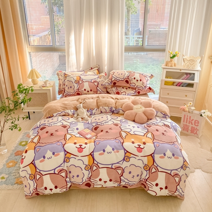 91家纺网 家纺一手货源 找家纺 上尚居 2022新款加厚保暖牛奶绒四件套 动物世界