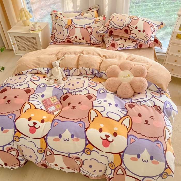 91家纺网 家纺一手货源 找家纺 上尚居 2022新款加厚保暖牛奶绒四件套 动物世界