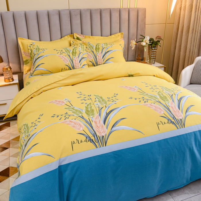 91家纺网 家纺一手货源 找家纺 佑佳家纺新款140克磨毛印花植物羊绒四件套繁华似锦-黄