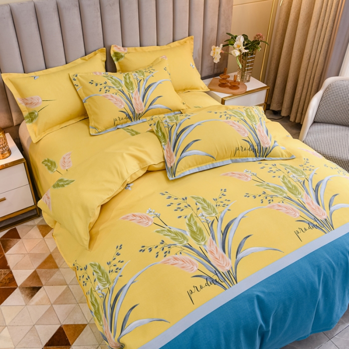 91家纺网 家纺一手货源 找家纺 佑佳家纺新款140克磨毛印花植物羊绒四件套繁华似锦-黄