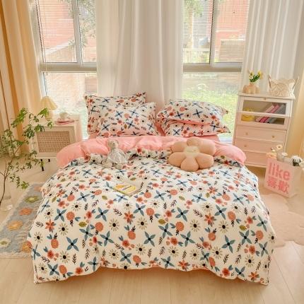 91家纺网 家纺一手货源 找家纺 上尚居 2022新款加厚保暖牛奶绒四件套 蔷薇花开粉