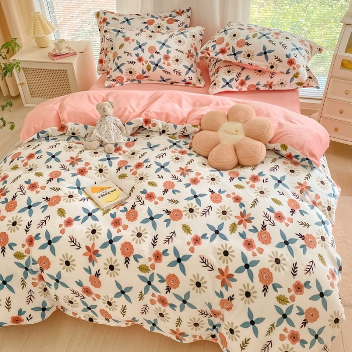 91家纺网 家纺一手货源 找家纺 上尚居 2022新款加厚保暖牛奶绒四件套 蔷薇花开粉