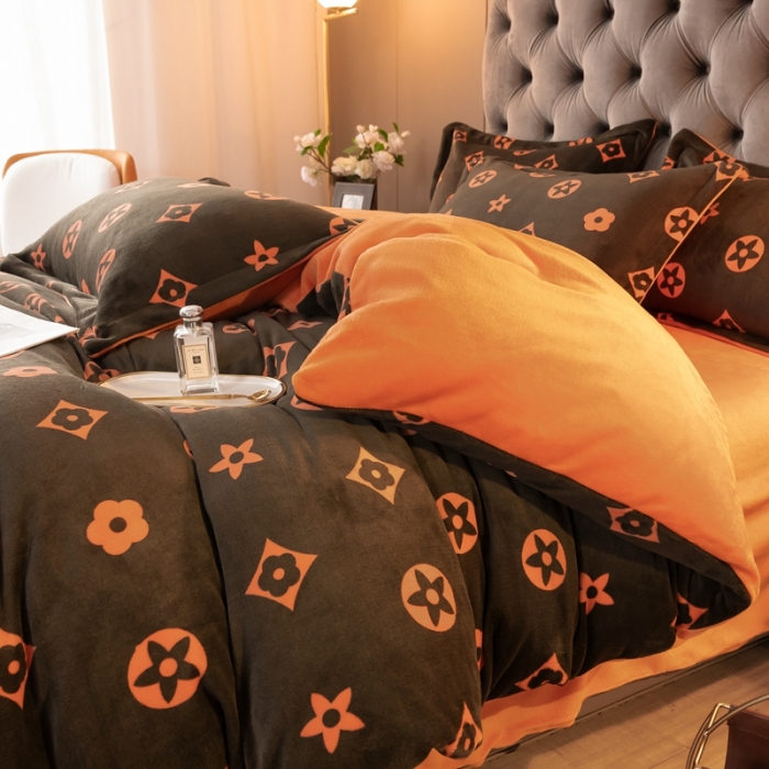 91家纺网 家纺一手货源 找家纺 上尚居 2022新款加厚保暖牛奶绒四件套 时尚经典咖