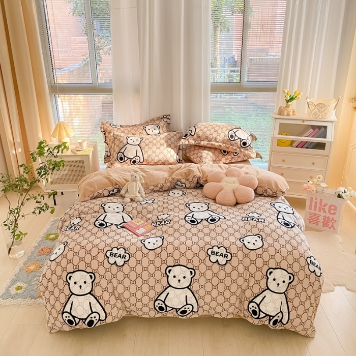 91家纺网 家纺一手货源 找家纺 上尚居 2022新款加厚保暖牛奶绒四件套 熊熊乐园咖