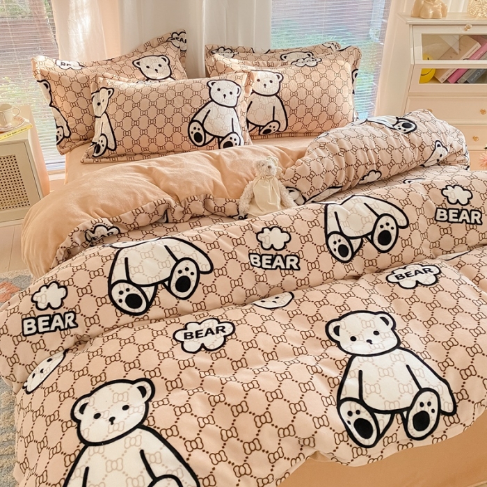 91家纺网 家纺一手货源 找家纺 上尚居 2022新款加厚保暖牛奶绒四件套 熊熊乐园咖