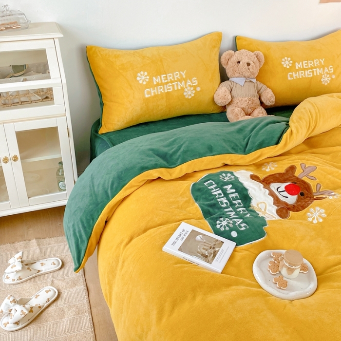 91家纺网 家纺一手货源 找家纺 星期八 2021新款圣诞款牛奶绒四件套 麋鹿