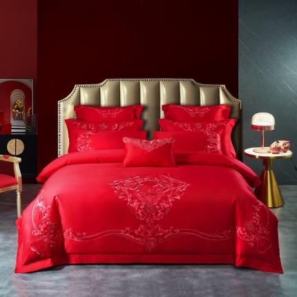 91家纺网 家纺一手货源 找家纺 高大尚新款长绒棉AB版系列婚庆多件套淡雅风情红
