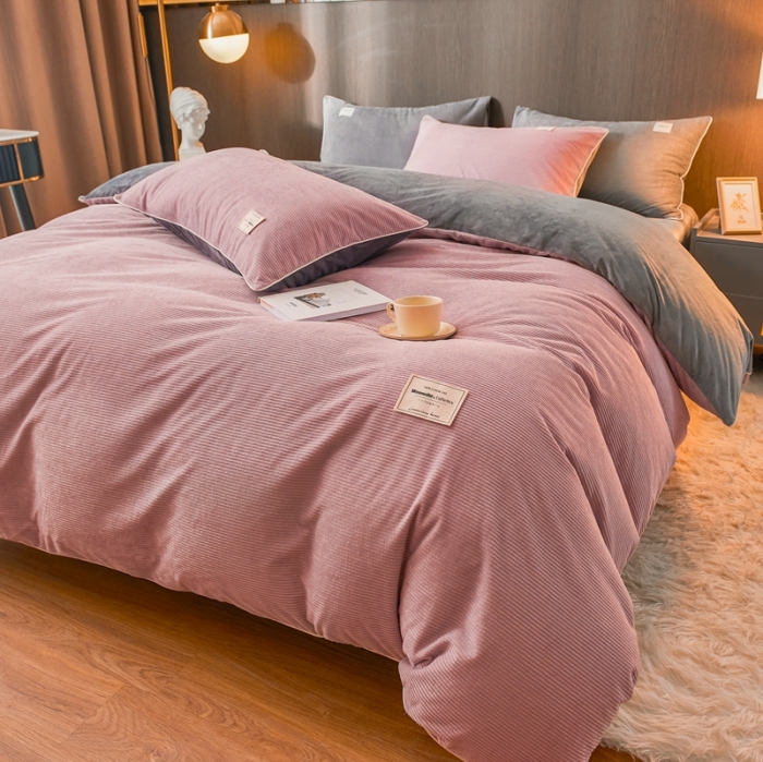 91家纺网 家纺一手货源 找家纺 秀色婴儿绒四件套冬季牛奶绒加绒双面绒被套丝诺轻奢藕粉色金属灰