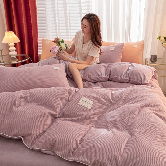 91家纺网 家纺一手货源 找家纺 秀色 婴儿绒四件套冬季牛奶绒加绒双面绒被套丝诺四件套 藕粉色