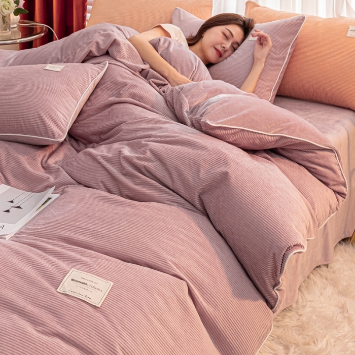 91家纺网 家纺一手货源 找家纺 秀色 婴儿绒四件套冬季牛奶绒加绒双面绒被套丝诺四件套 藕粉色