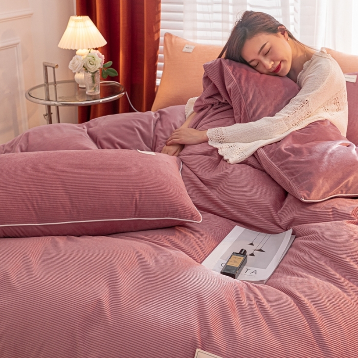 91家纺网 家纺一手货源 找家纺 秀色 婴儿绒四件套冬季牛奶绒加绒双面绒被套丝诺四件套 豆沙