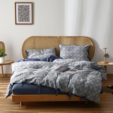 91家纺网 家纺一手货源 找家纺 安莱生活双层纱四叶草色织大提花蝴蝶结工艺款四件套 深蓝幸运草