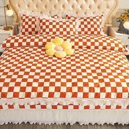 宜凡 2023新款全棉印花床盖四件套 棋盘格-橘
