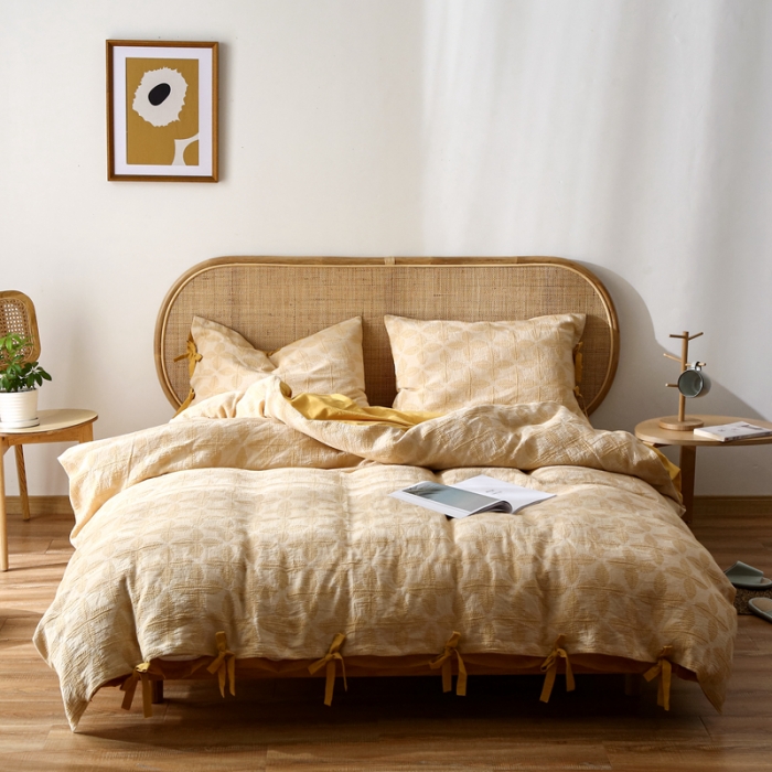 91家纺网 家纺一手货源 找家纺 总安莱生活  新款双层纱四叶草色织大提花蝴蝶结工艺款四件套