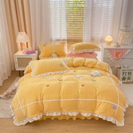 91家纺网 家纺一手货源 找家纺 金爱家2021新款230克毛巾绣牛奶绒花边四件套 萌萌兔-亮黄