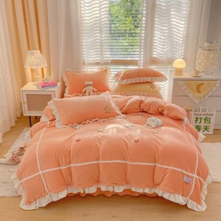 金爱家2021新款230克毛巾绣牛奶绒花边四件套 萌萌兔-太阳橙