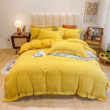 91家纺网 家纺一手货源 找家纺 金爱家2021新款荷叶边立体雕花绒暖绒四件套 金黄