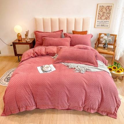 金爱家2021新款荷叶边立体雕花绒暖绒四件套 豆沙