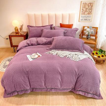 金爱家2021新款荷叶边立体雕花绒暖绒四件套 深紫