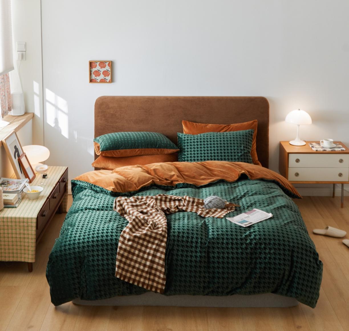 91家纺网 家纺一手货源 找家纺 （总）梦享生活家居 2021新款天鹅绒轻奢千鸟格四件套