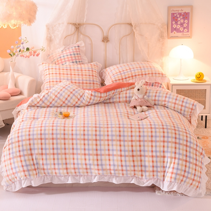 91家纺网 家纺一手货源 找家纺 欧冠家纺 2021新款保暖牛奶绒单被套 橙-格子