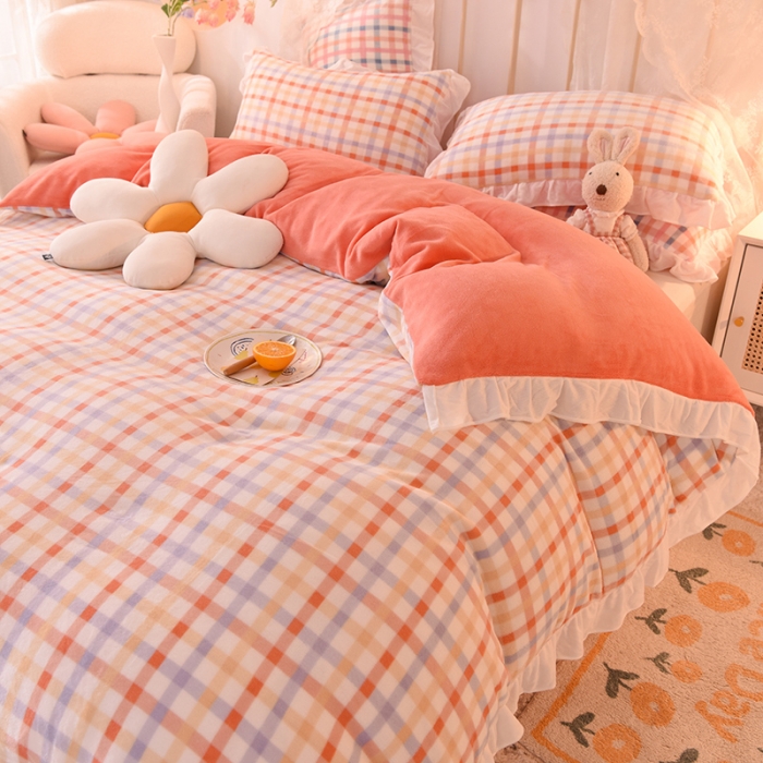 91家纺网 家纺一手货源 找家纺 欧冠家纺 2021新款保暖牛奶绒单被套 橙-格子