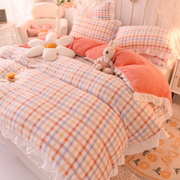 91家纺网 家纺一手货源 找家纺 欧冠家纺 2021新款保暖牛奶绒单被套 橙-格子