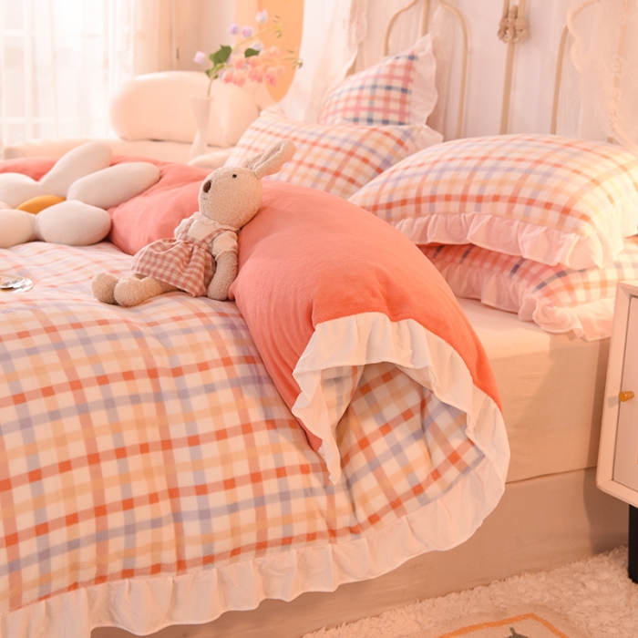 91家纺网 家纺一手货源 找家纺 欧冠家纺 2021新款保暖牛奶绒单被套 橙-格子