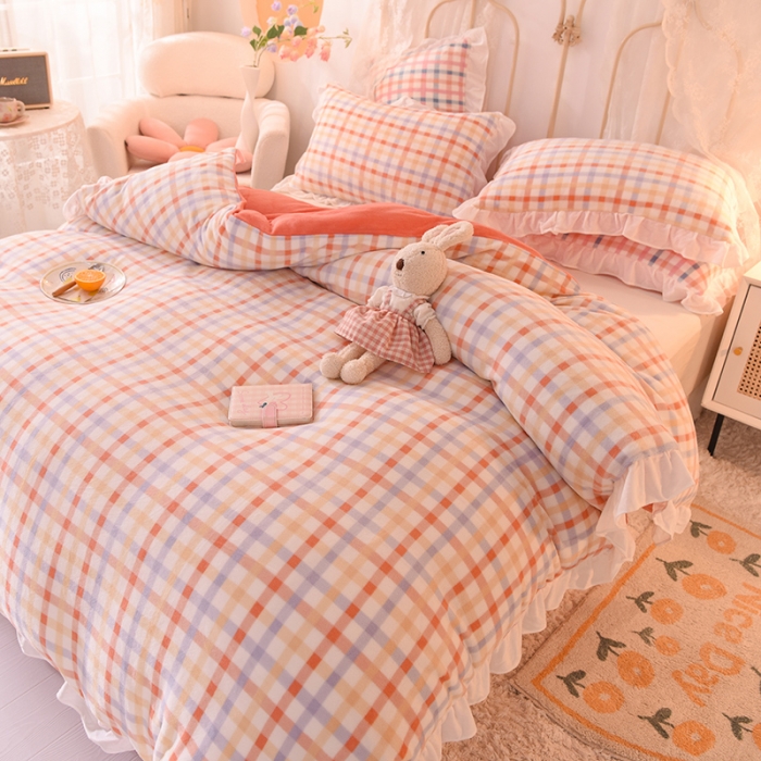 91家纺网 家纺一手货源 找家纺 欧冠家纺 2021新款保暖牛奶绒单被套 橙-格子