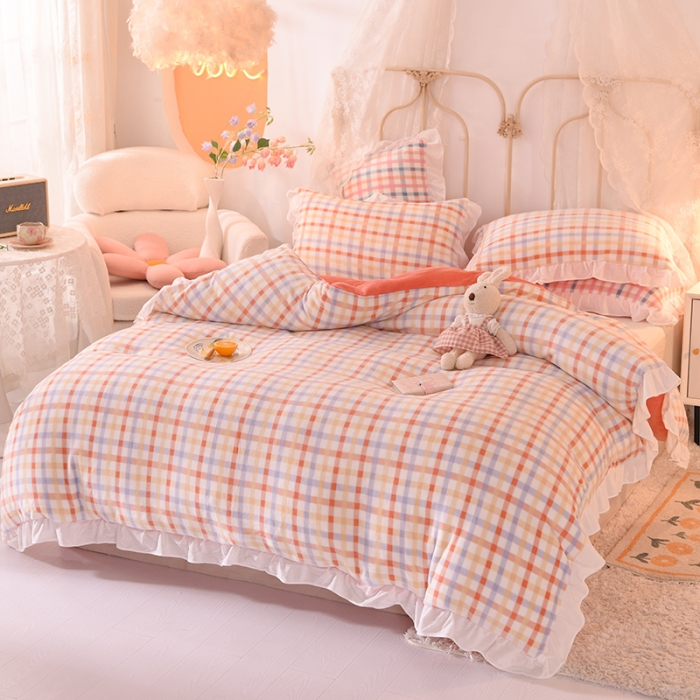 91家纺网 家纺一手货源 找家纺 欧冠家纺 2021新款保暖牛奶绒单被套 橙-格子